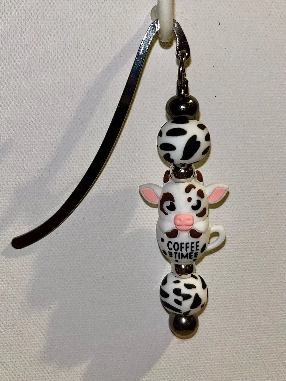 Charmingly Cute Cow ‘Coffee Time’ Bookmark w/White & Black Cow Print Accents